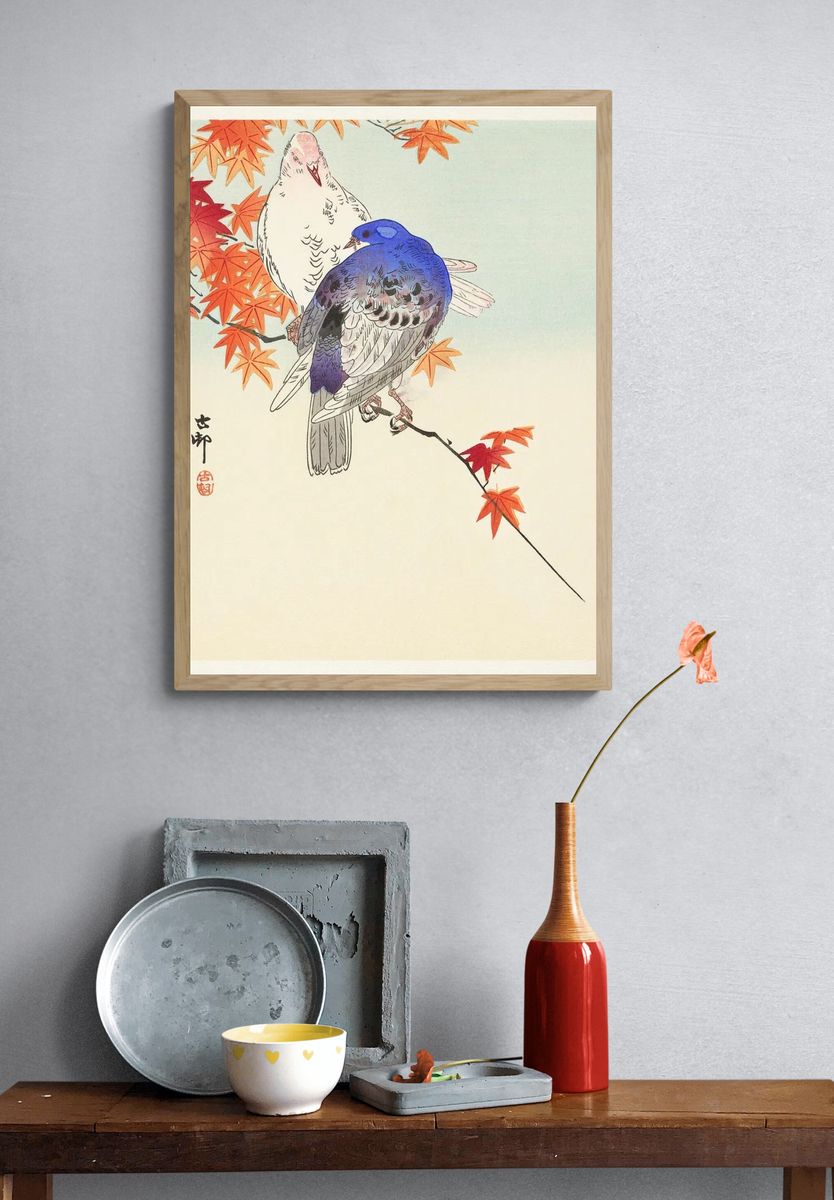 Two pigeons autumn branch. — room view 3