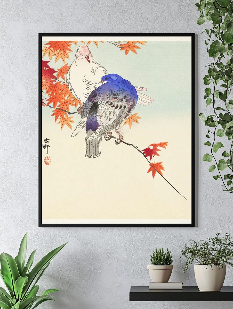 Two pigeons autumn branch. — room view 4