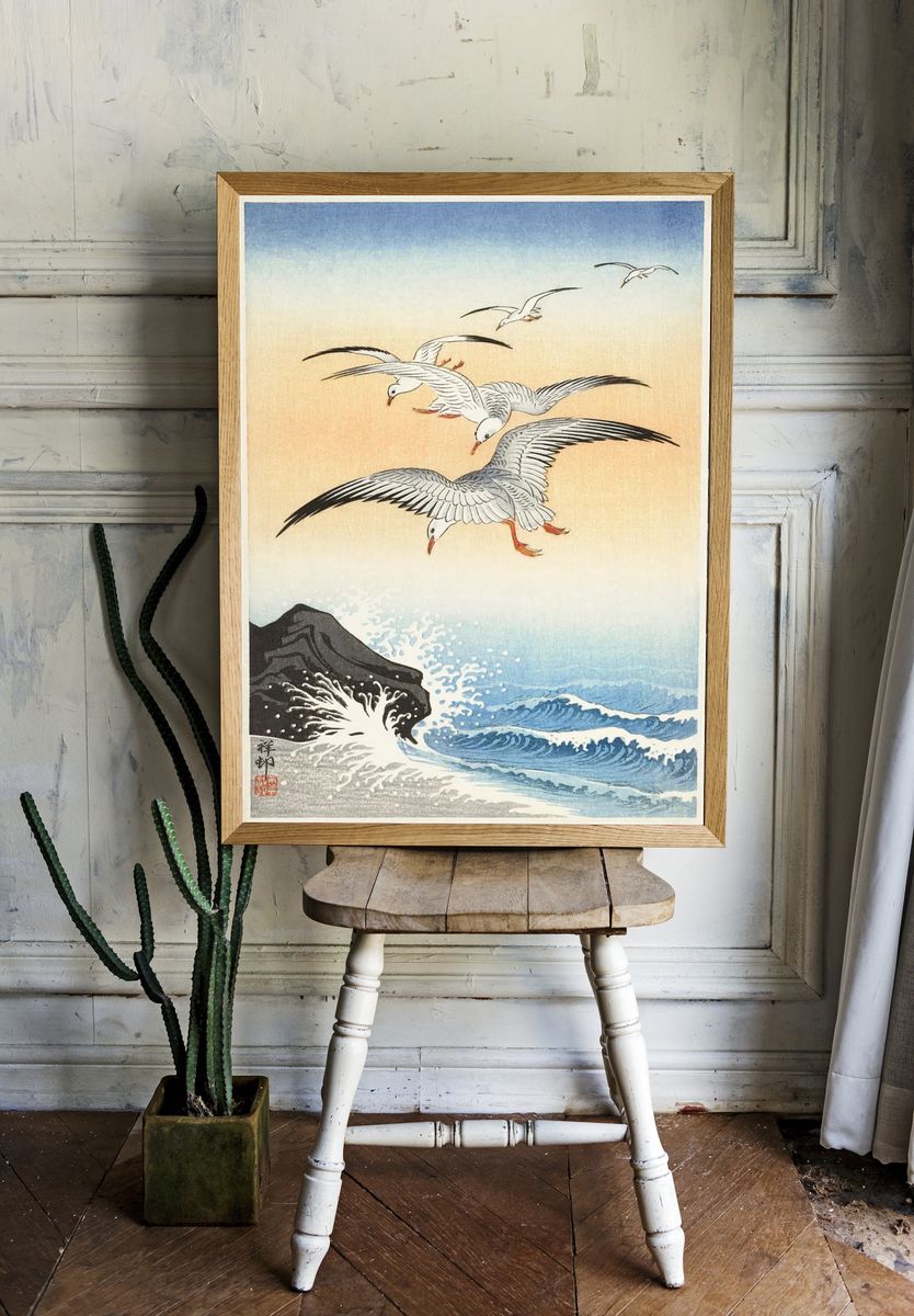 Five seagulls turbulent sea. room preview