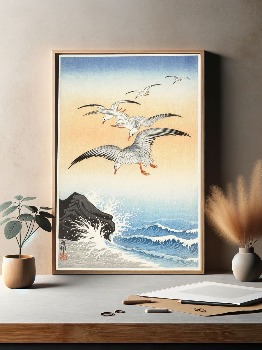 Five seagulls turbulent sea. — room view 2