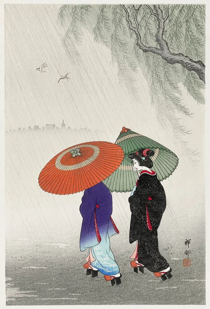Two women rain. poster — fine-art art