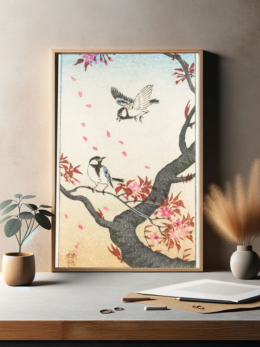 Two great tits blossoming tree. — room view 2