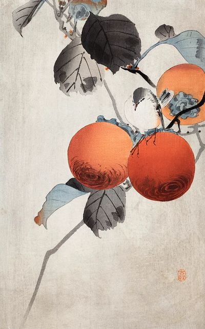 Nuthatcher atop Persimmons (ca. 1910).