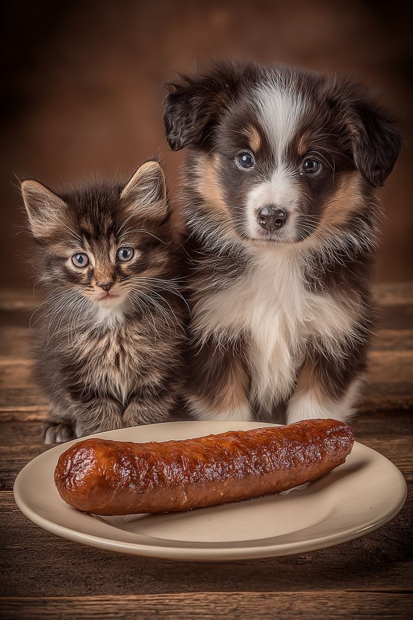 Cute Kitten and Puppy with Sausage Poster. poster — animals art