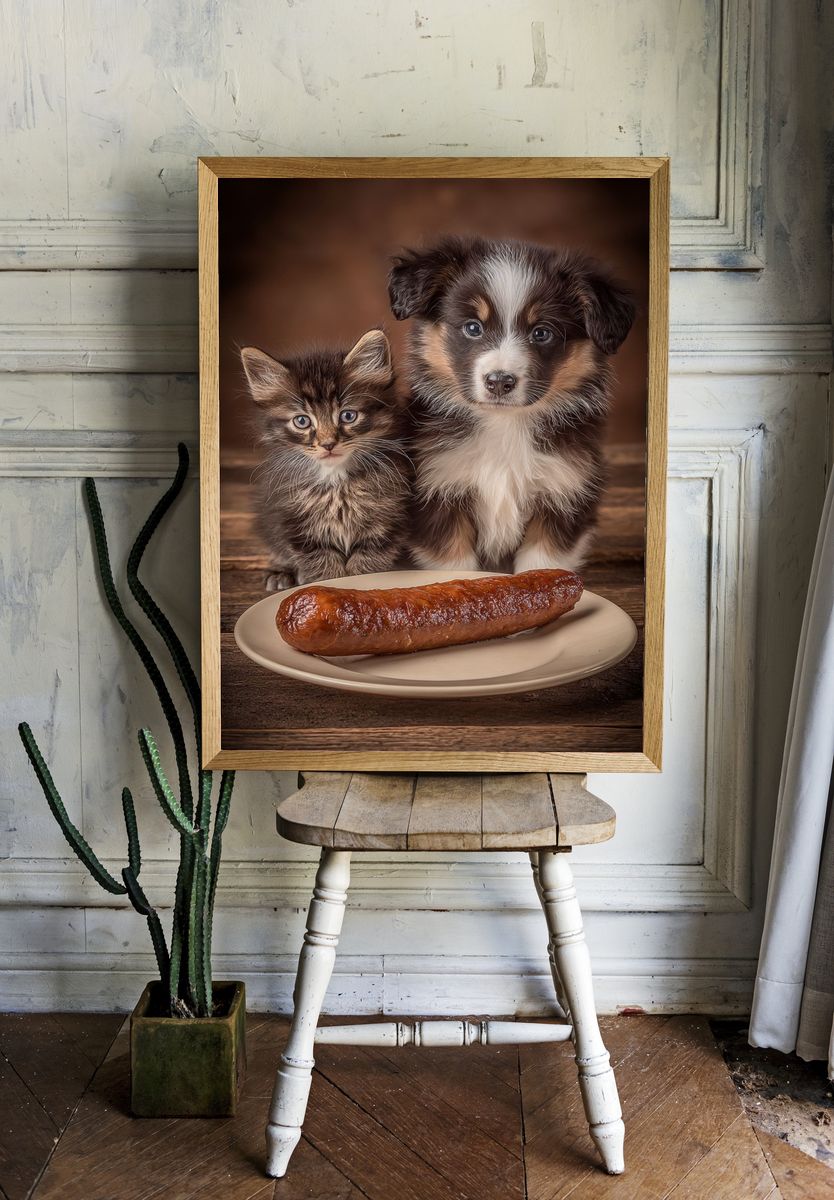 Cute Kitten and Puppy with Sausage Poster. — room view 1