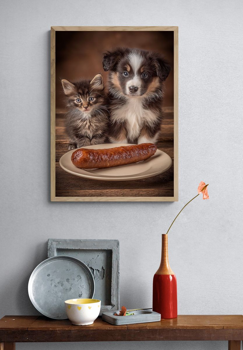 Cute Kitten and Puppy with Sausage Poster. — room view 3