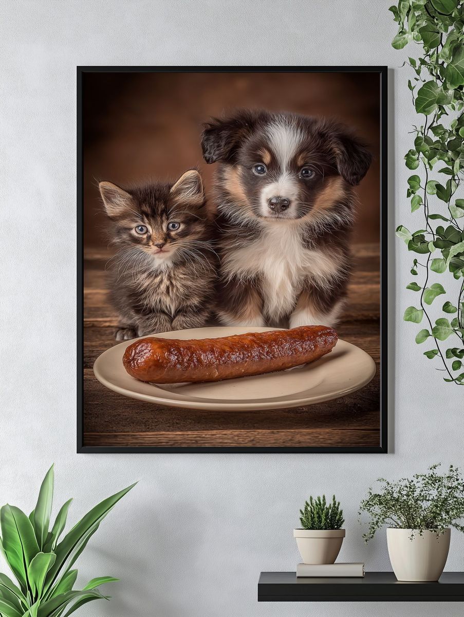 Cute Kitten and Puppy with Sausage Poster. — room view 4