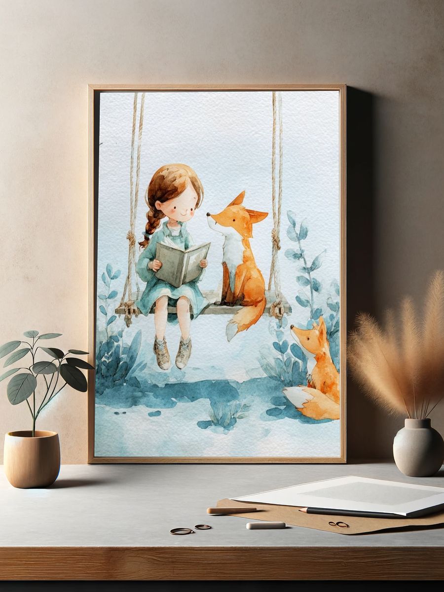 Girl Reading with Foxes — Watercolor Print. — room view 2