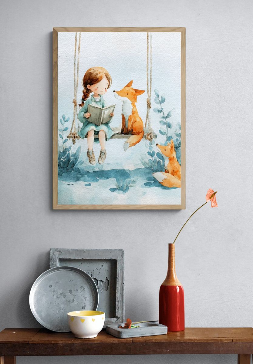 Girl Reading with Foxes — Watercolor Print. — room view 3