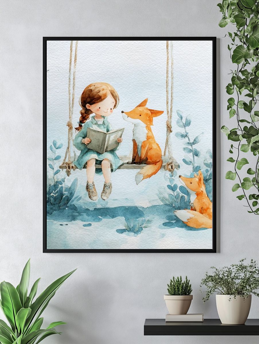 Girl Reading with Foxes — Watercolor Print. — room view 4