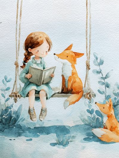 Girl Reading with Foxes — Watercolor Print. poster