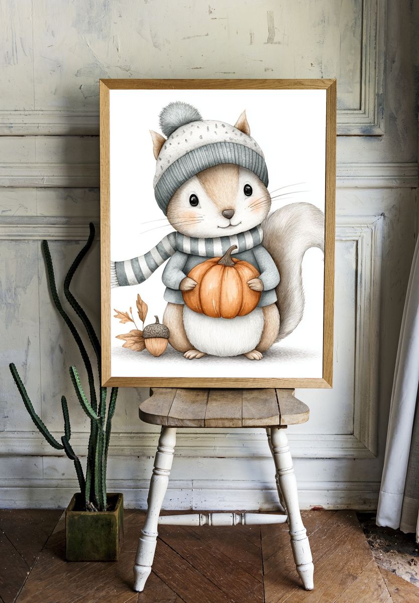 Cute Squirrel with Pumpkin — Illustration Print. — room view 1