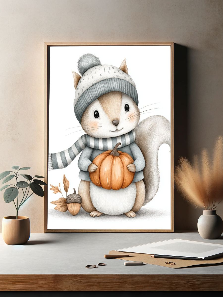 Cute Squirrel with Pumpkin — Illustration Print. — room view 2
