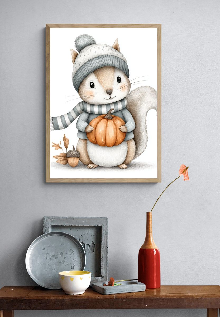 Cute Squirrel with Pumpkin — Illustration Print. — room view 3