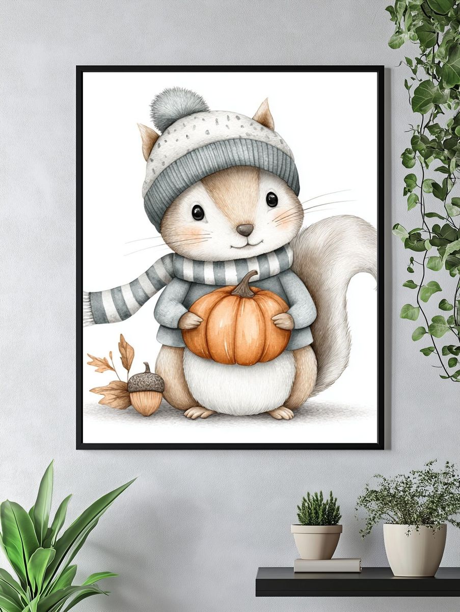 Cute Squirrel with Pumpkin — Illustration Print. — room view 4
