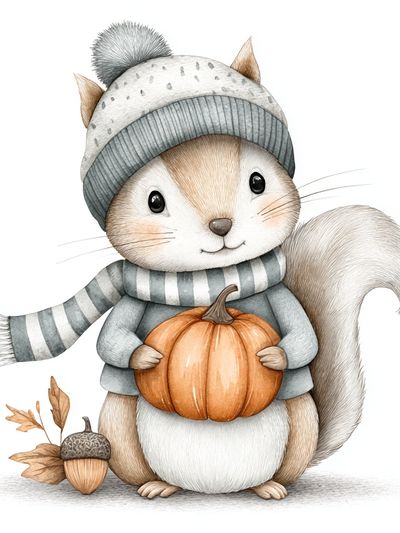 Cute Squirrel with Pumpkin — Illustration Print. poster print