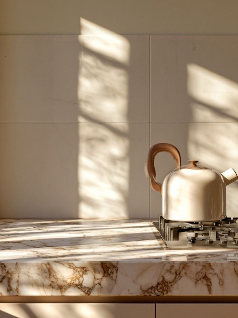 Sunlit Marble Kitchen Still Life Print. poster — photography art