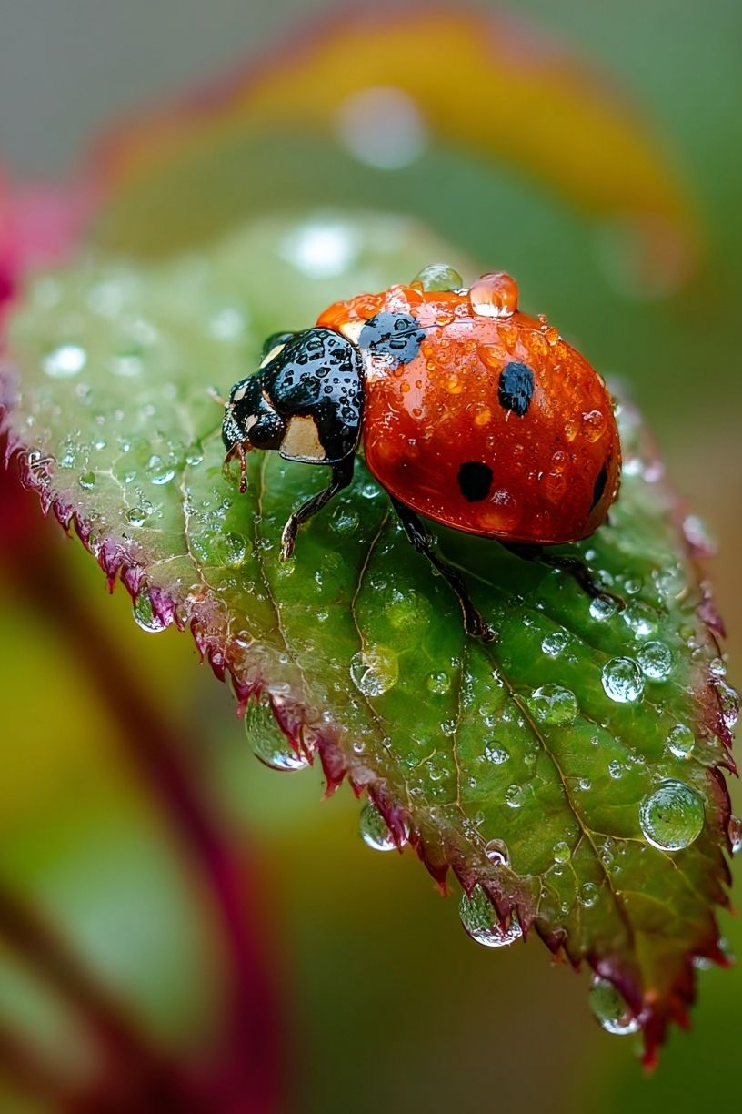 Ladybug on Dewy Leaf Photography Poster. poster detail