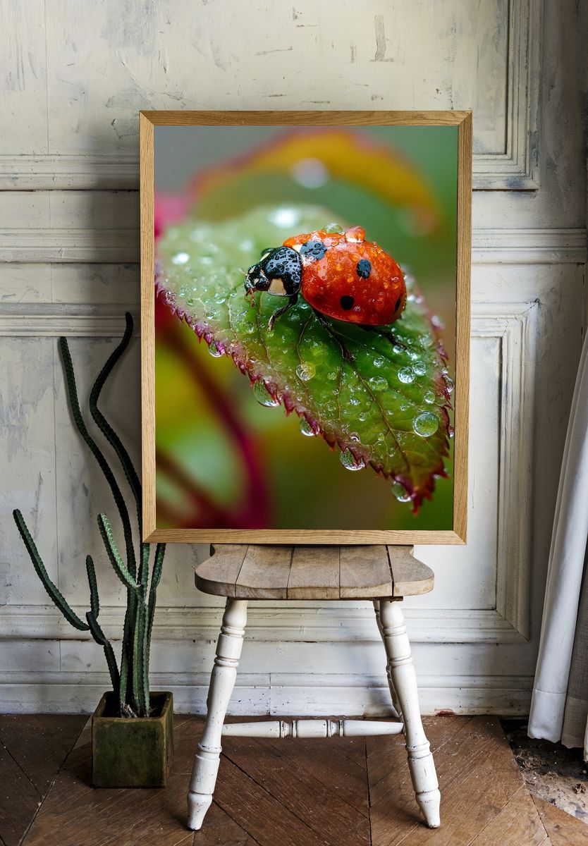 Ladybug on Dewy Leaf Photography Poster. room preview