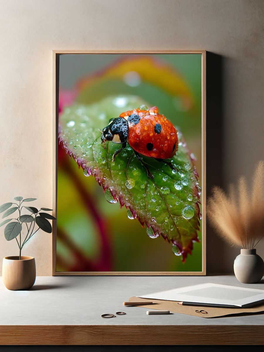 Ladybug on Dewy Leaf Photography Poster. — room view 2