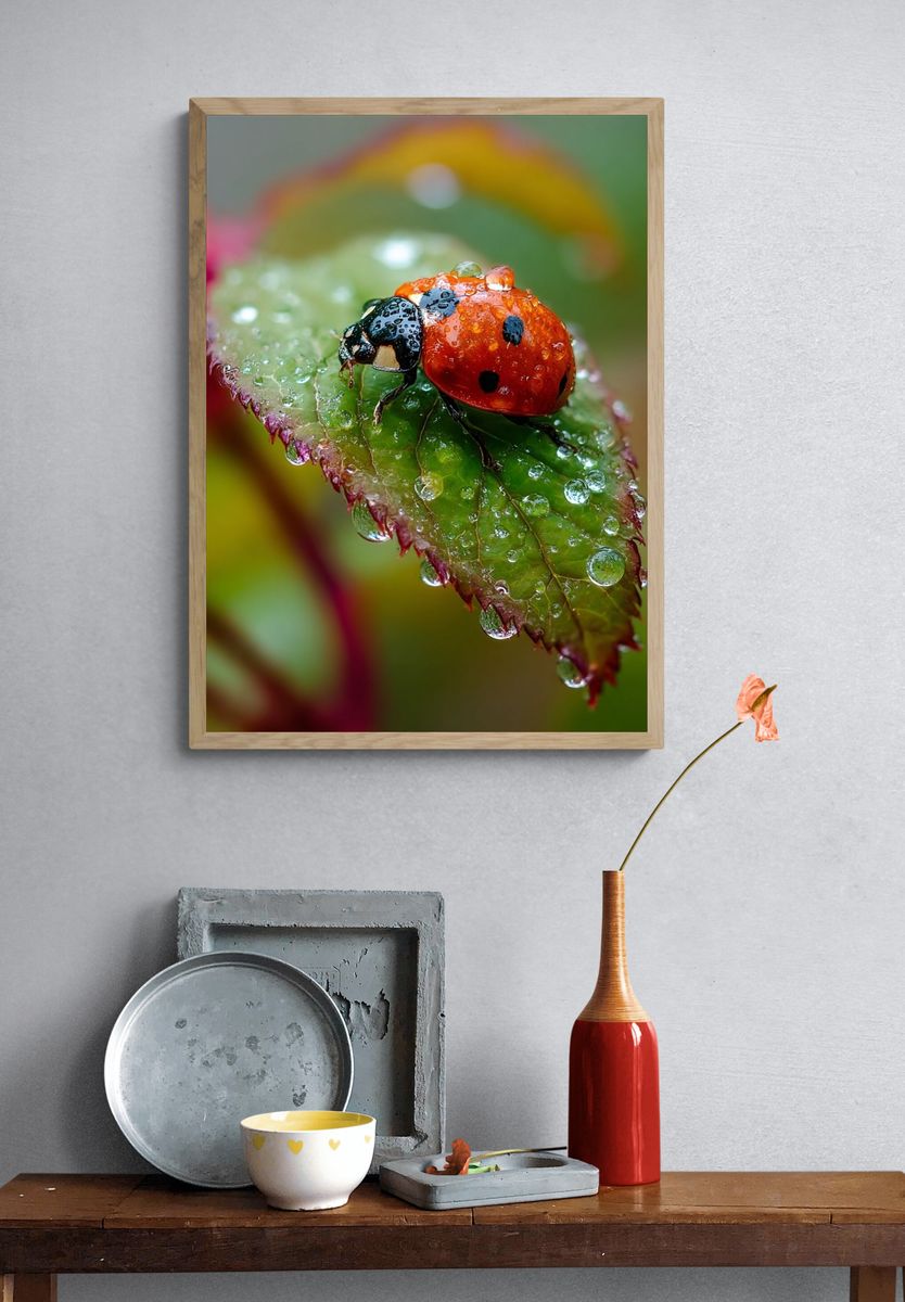 Ladybug on Dewy Leaf Photography Poster. — room view 3