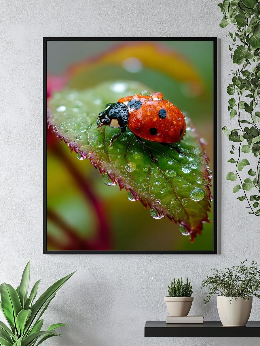 Ladybug on Dewy Leaf Photography Poster. — room view 4