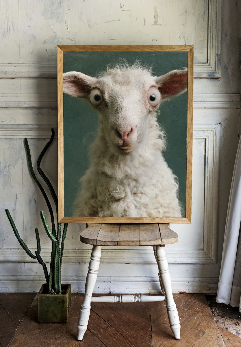 Curious Lamb Portrait Print. room preview