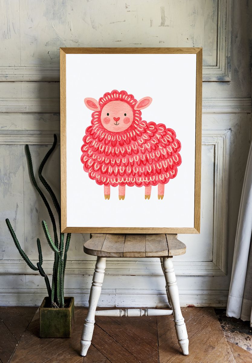 Pink Lamb Watercolor Poster. — room view 1
