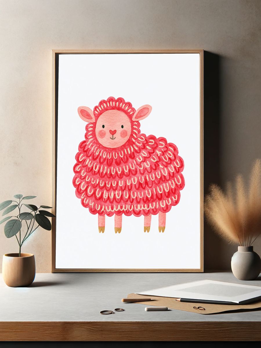Pink Lamb Watercolor Poster. — room view 2