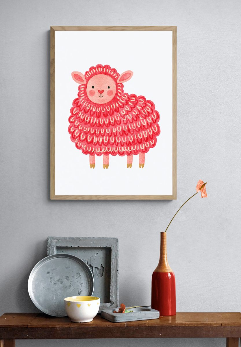 Pink Lamb Watercolor Poster. — room view 3