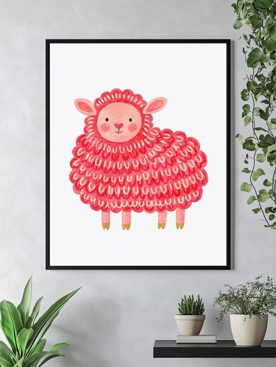 Pink Lamb Watercolor Poster. — room view 4
