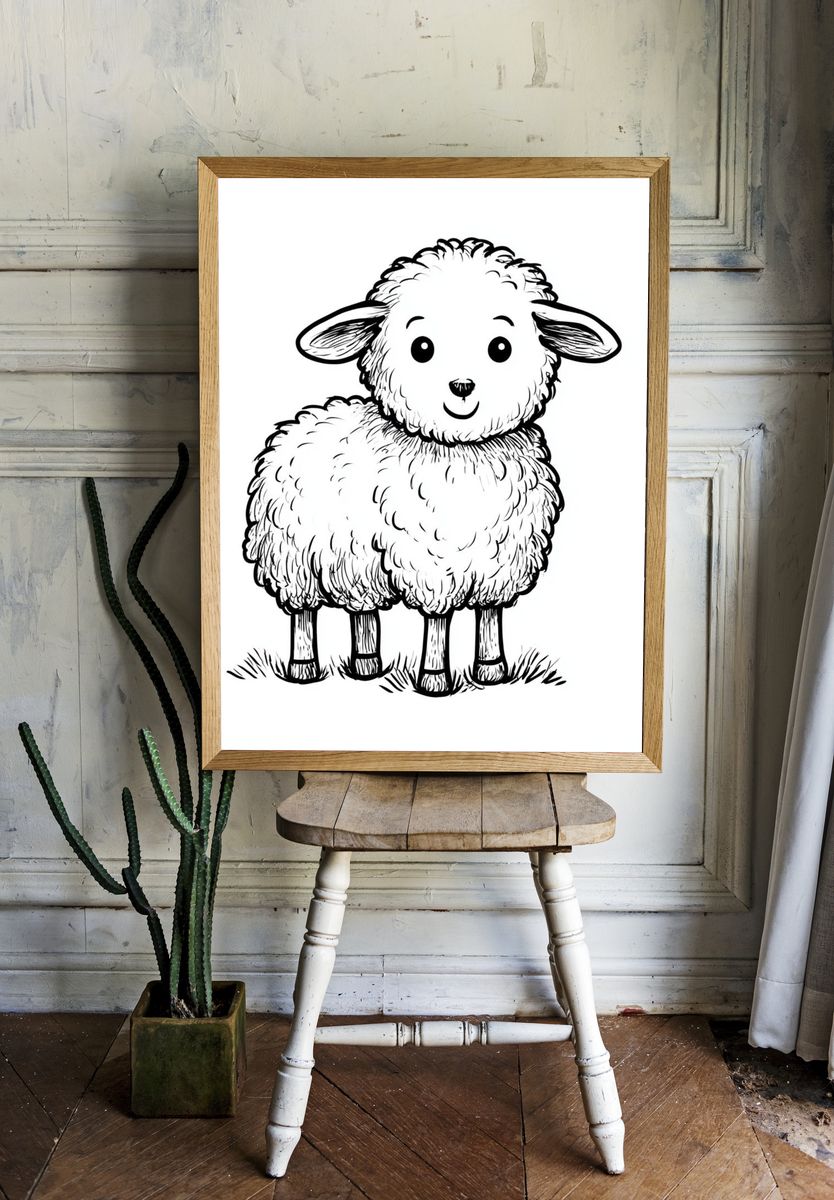 Cute Lamb Line Art Poster. room preview