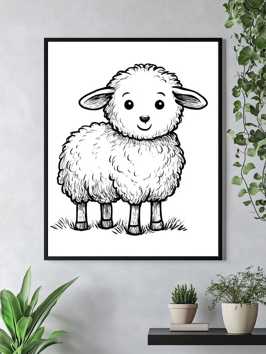 Cute Lamb Line Art Poster. — room view 4