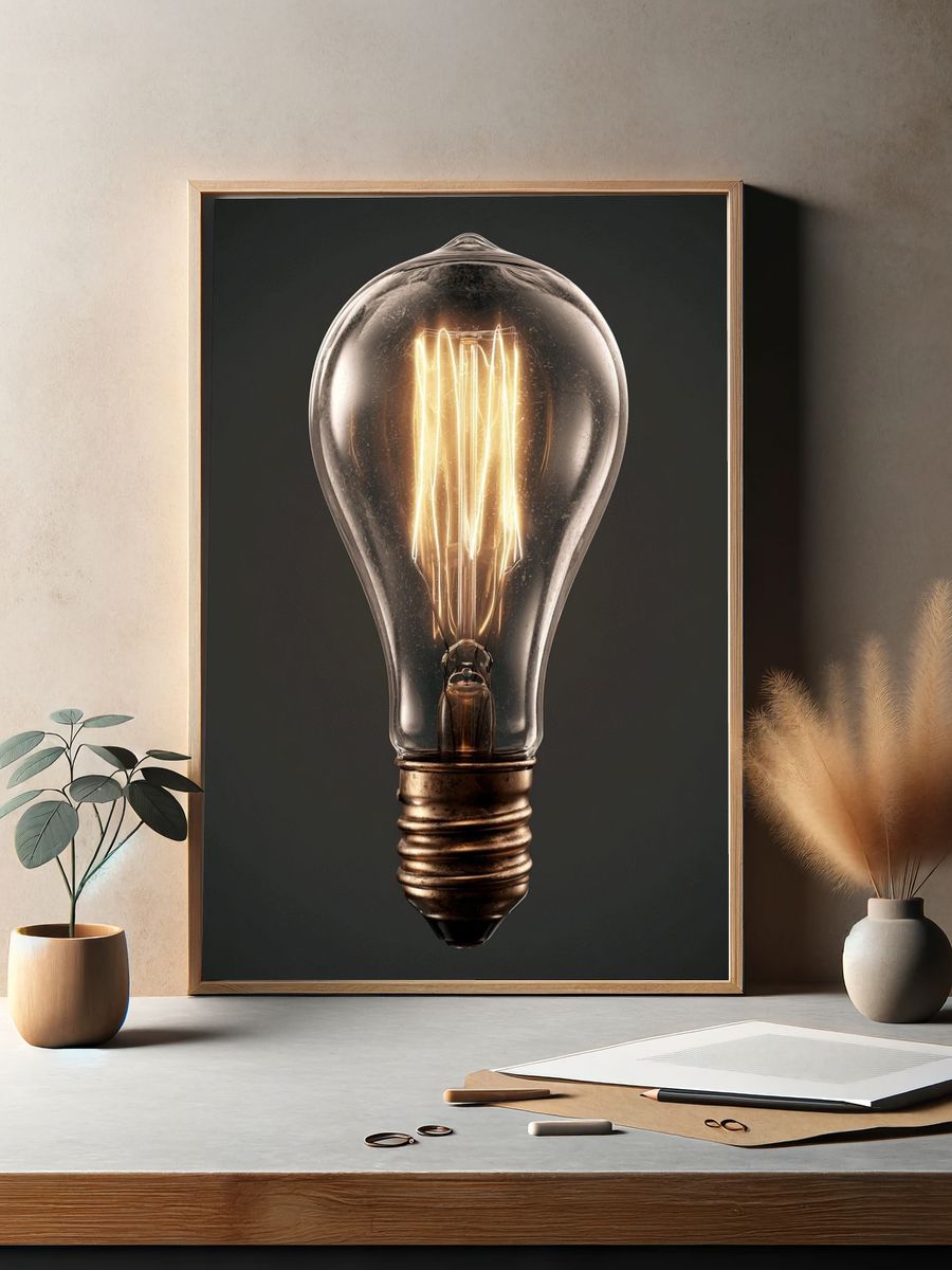 Glowing Light Bulb Photography Poster. — room view 2