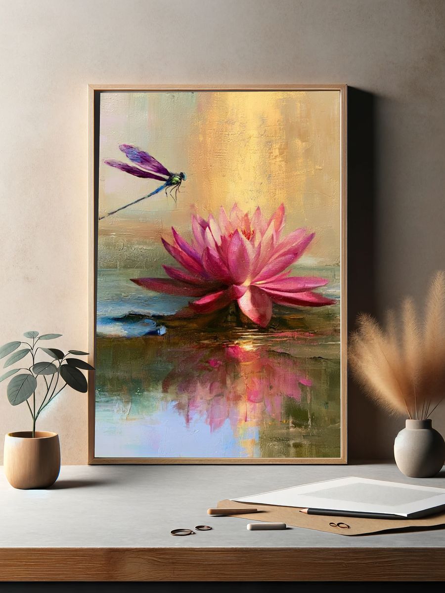 Lotus and Dragonfly Fine-Art Print. — room view 2