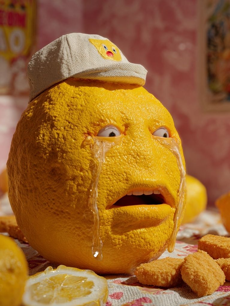 Sad Lemon with Hat — Whimsical Print. poster — illustration art