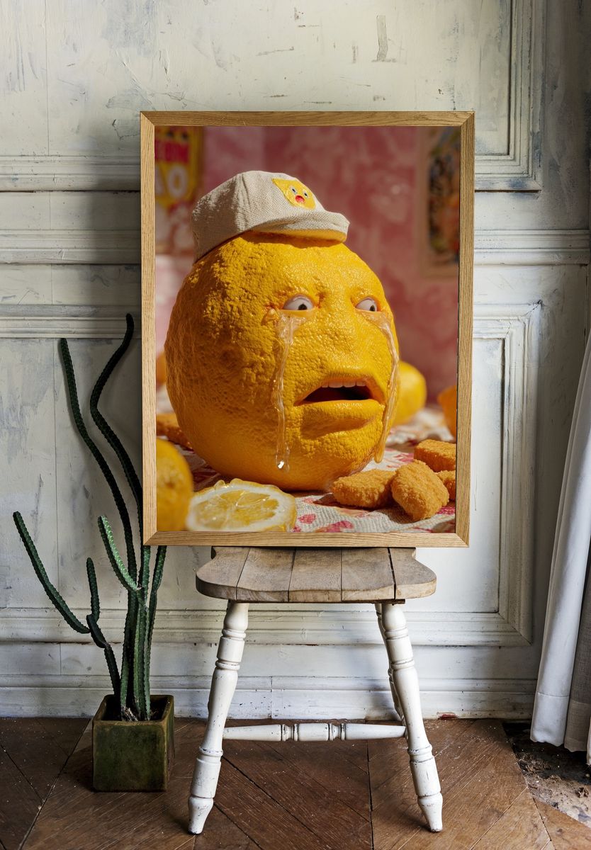 Sad Lemon with Hat — Whimsical Print. — room view 1