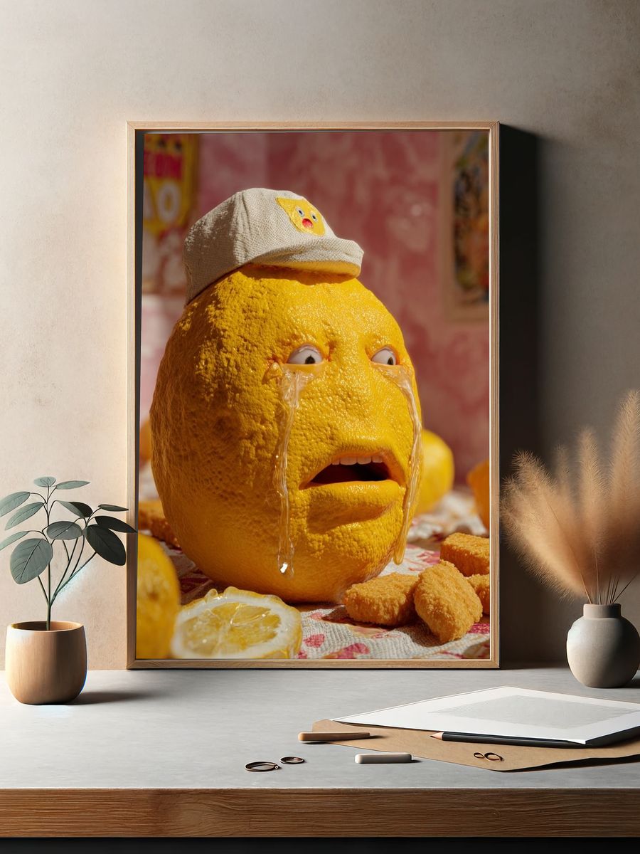 Sad Lemon with Hat — Whimsical Print. — room view 2