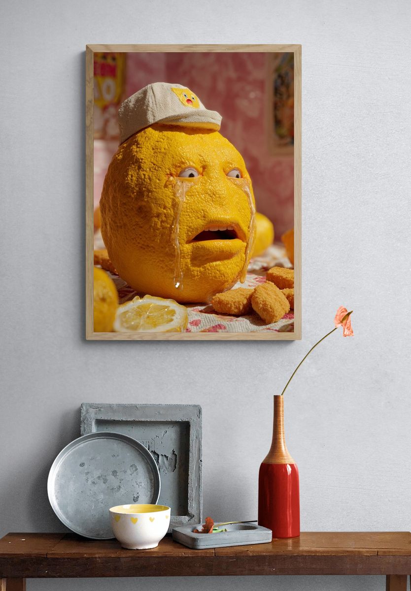 Sad Lemon with Hat — Whimsical Print. — room view 3