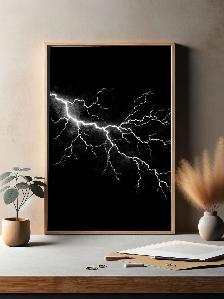 Lightning Strike Black-White Poster. — room view 2