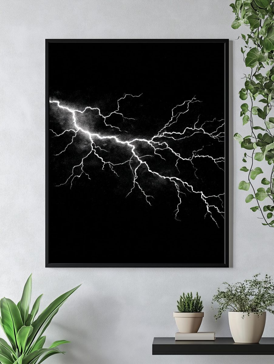 Lightning Strike Black-White Poster. — room view 4