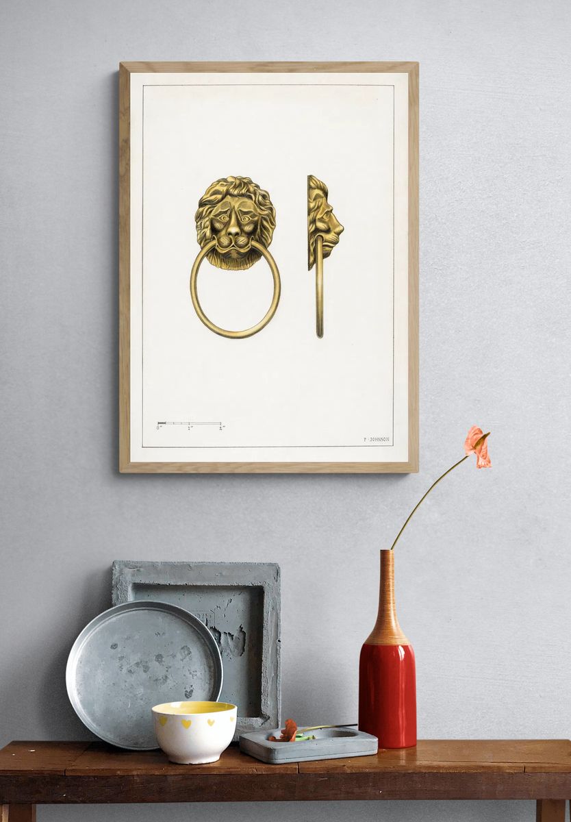 Lion Head Door Knocker — Vintage Print. — room view 3