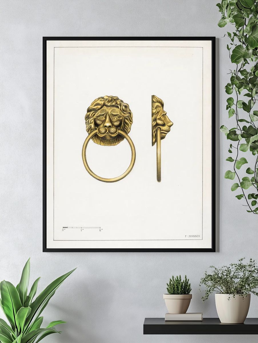 Lion Head Door Knocker — Vintage Print. — room view 4