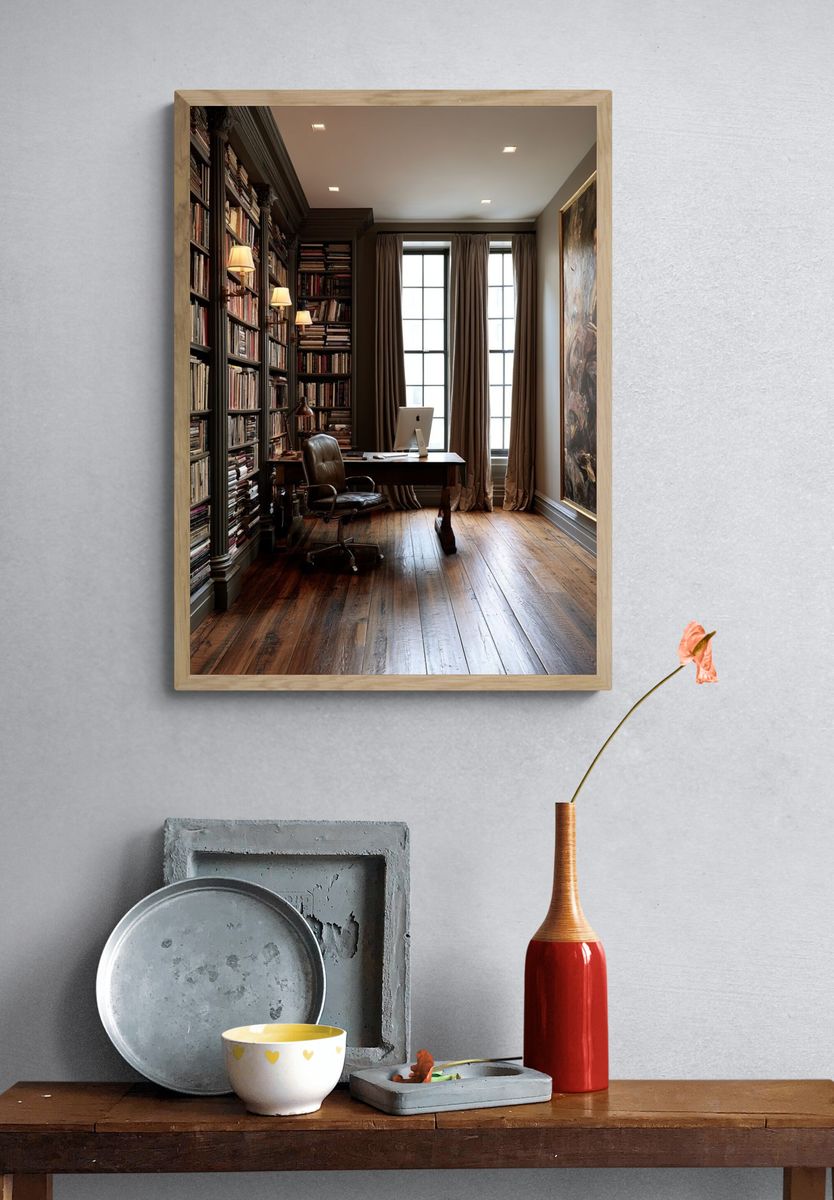 Elegant Library Study Interior Print. — room view 3