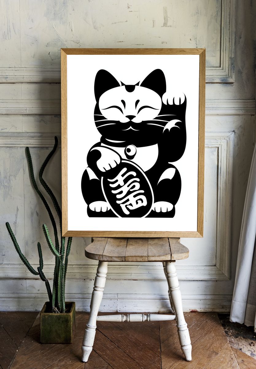 Lucky Cat Ink Illustration Poster. — room view 1