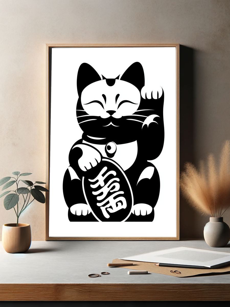 Lucky Cat Ink Illustration Poster. — room view 2