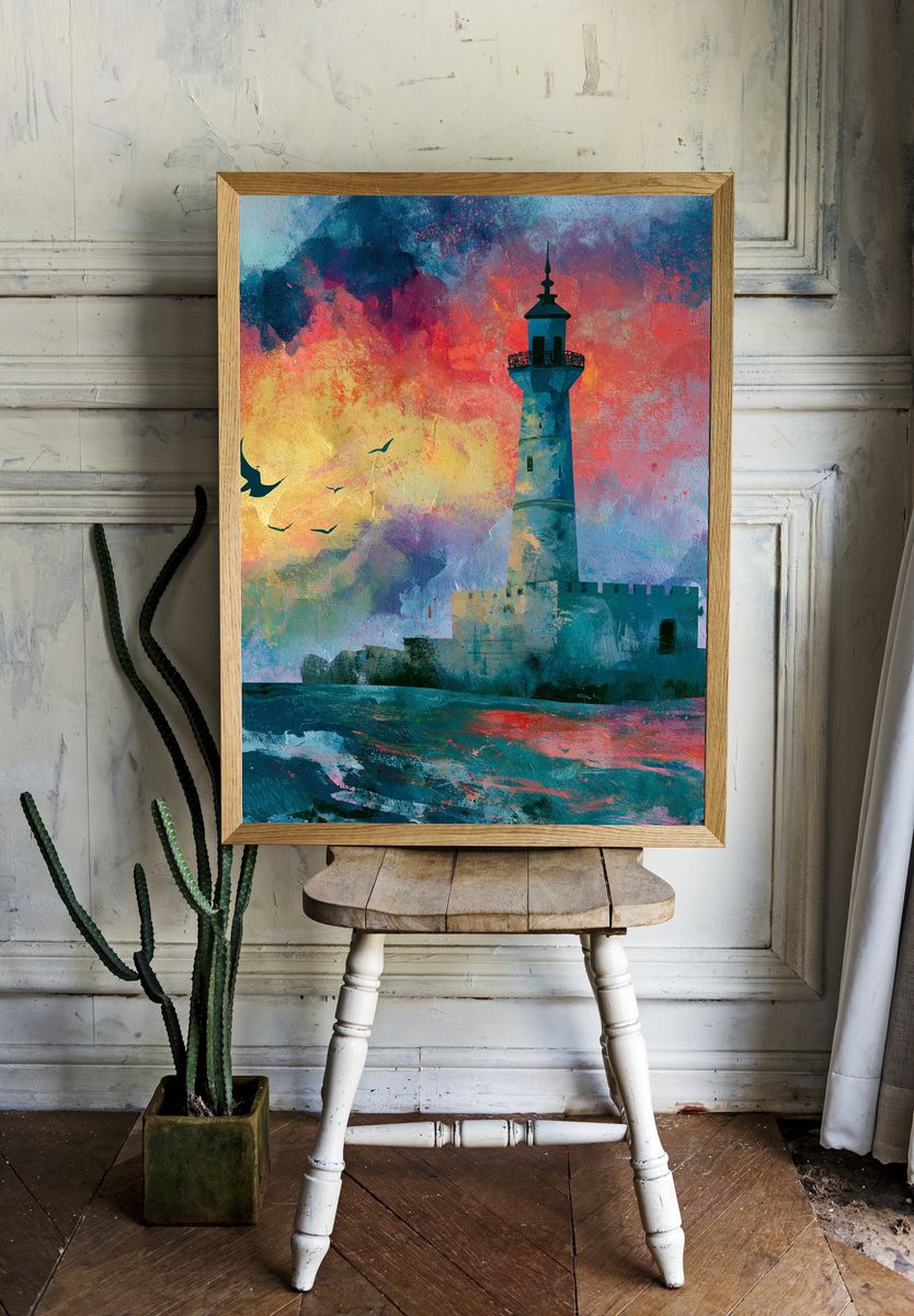 Lighthouse Sunset Illustration Poster. — room view 1