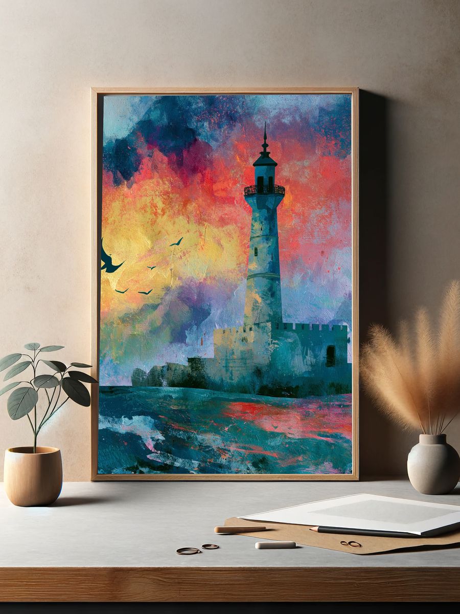Lighthouse Sunset Illustration Poster. — room view 2
