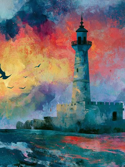 Lighthouse Sunset Illustration Poster.