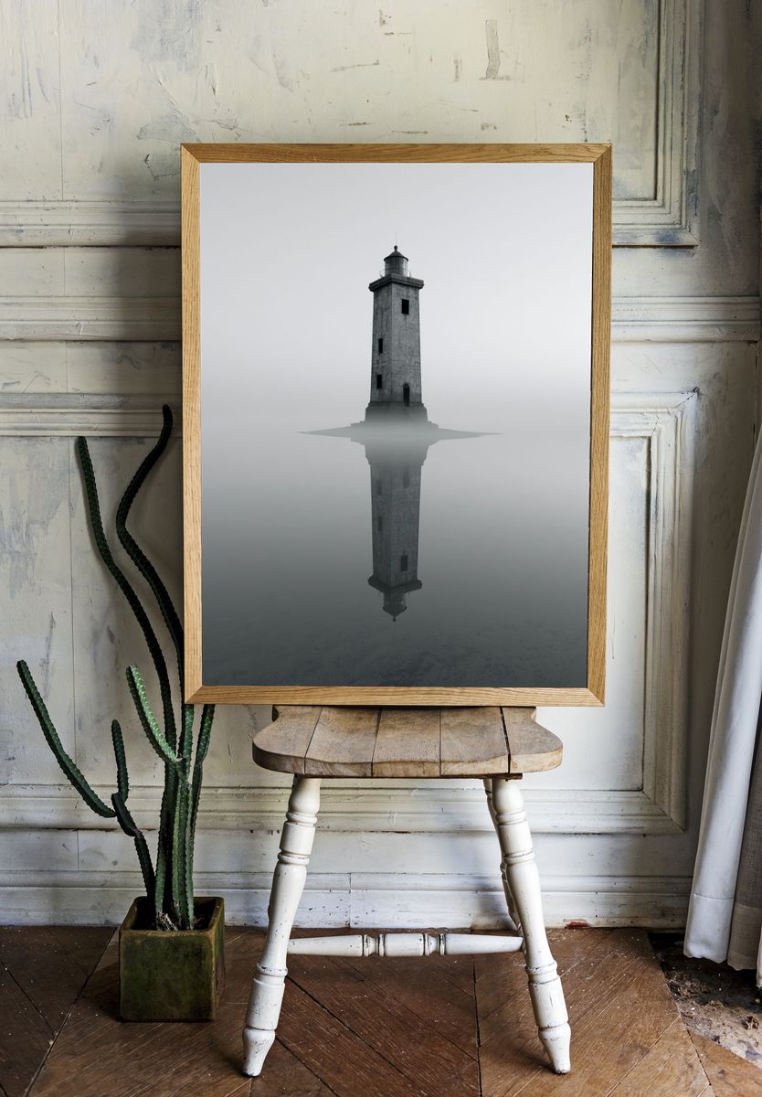 Misty Lighthouse Reflection Print. — room view 1